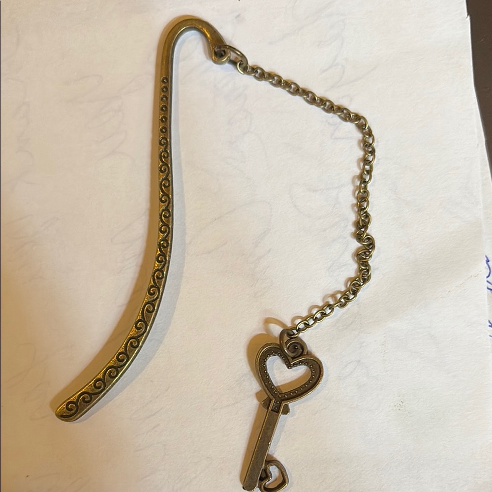 Antique Brass Bookmark with Heart Key Charm